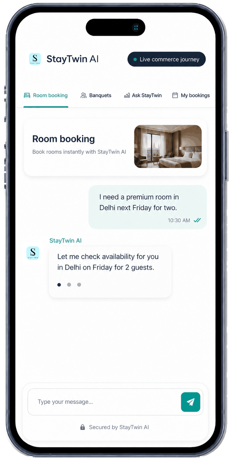 StayTwin AI animated room booking journey showing enquiry, room recommendations, governed negotiation, secure payment and booking confirmation
